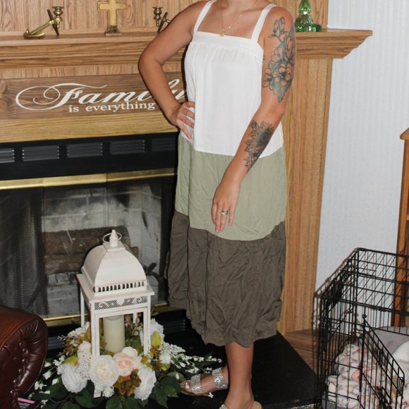 Olive, Khaki and Crème Colored Block Summer Dress, Knee Length - Picture 3 of 3